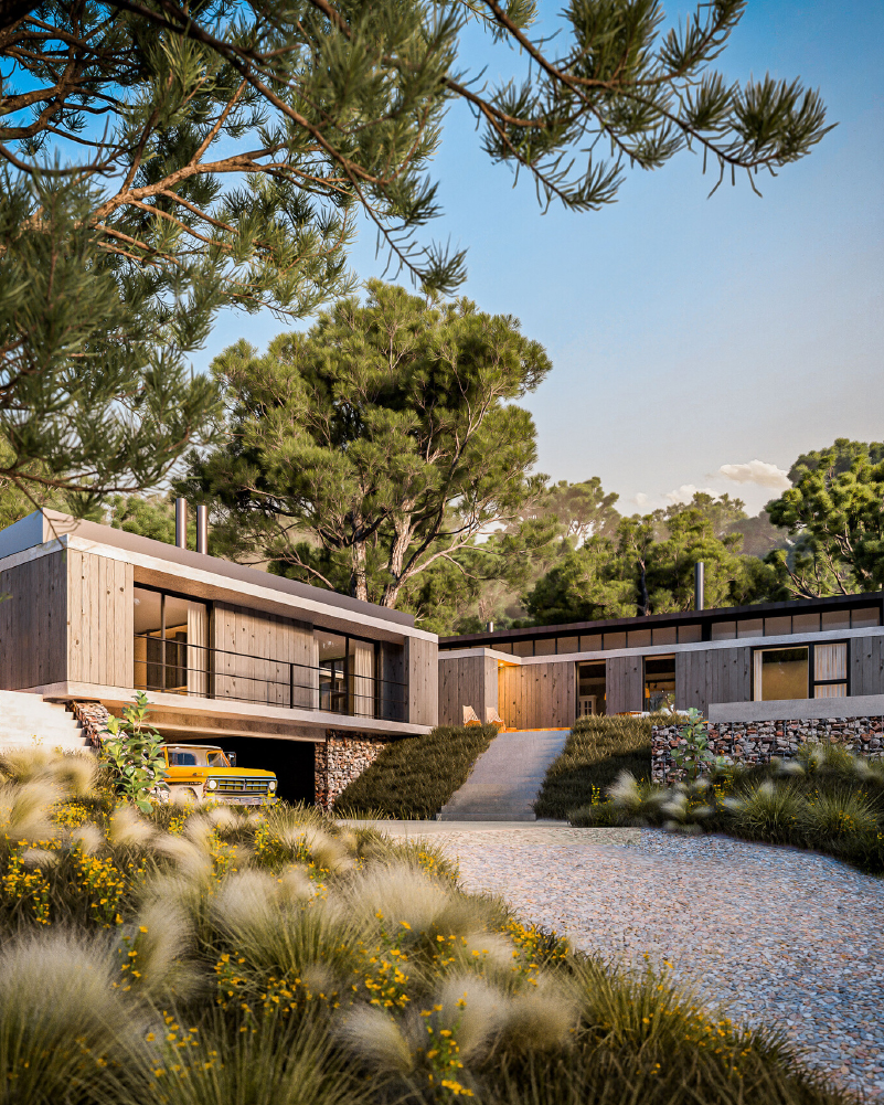 render de casa moderna en el bosque