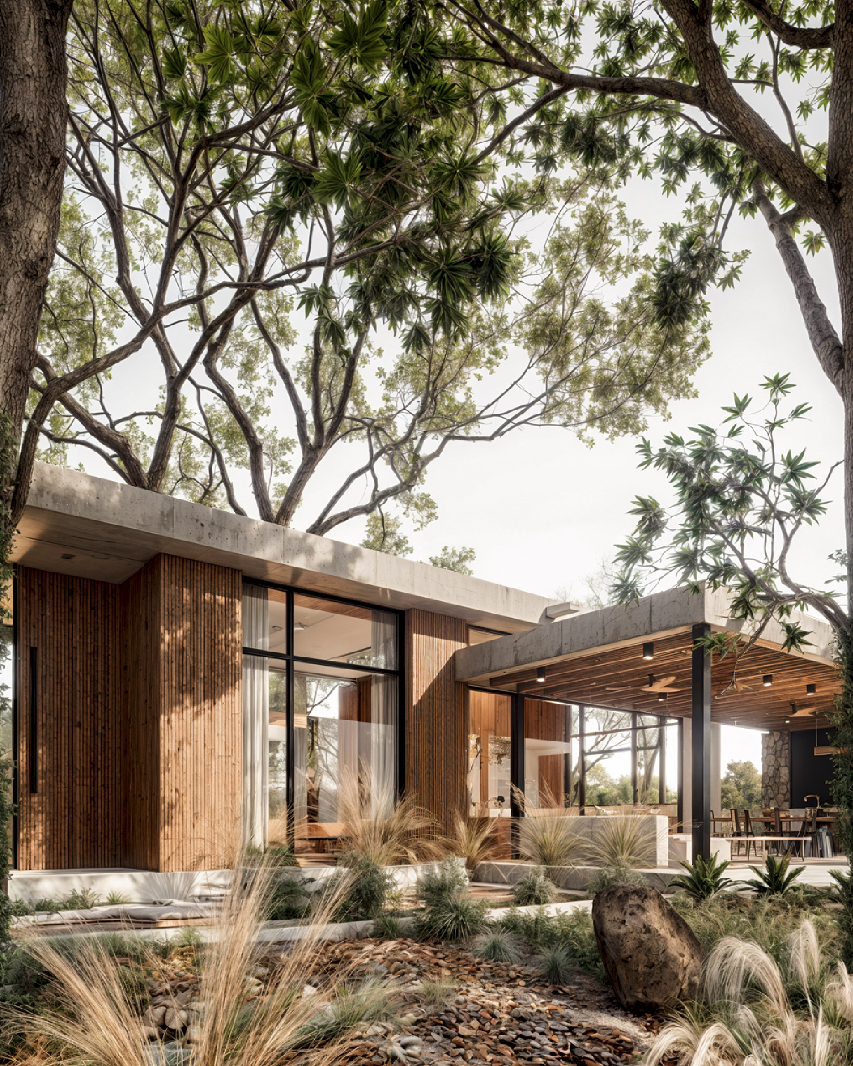 render de vivienda familiar estilo moderno con galeria y ventanales de vidrio